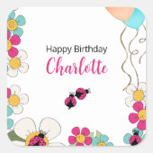 Lieveheersbeestjes en bloemen Verjaardagsfeest Vierkante Sticker (Voorkant)