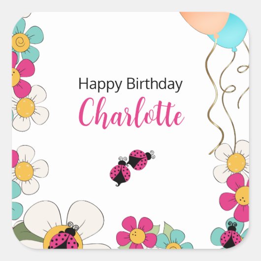 Lieveheersbeestjes en bloemen Verjaardagsfeest Vierkante Sticker (Voorkant)