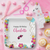Lieveheersbeestjes en Bloemen Vierkant Verjaardags Papieren Bordje (Feest)