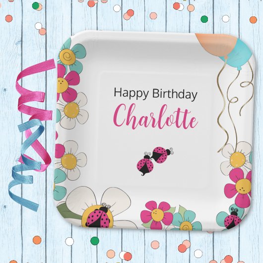 Lieveheersbeestjes en Bloemen Vierkant Verjaardags Papieren Bordje