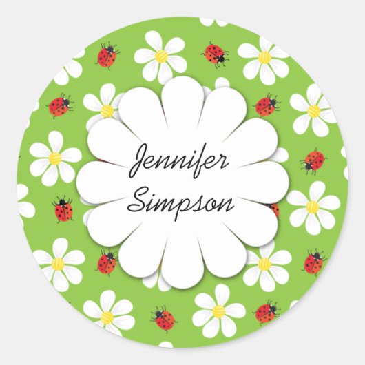 Lieveheersbeestjes en madeliefjes Gepersonaliseerd Ronde Sticker (Voorkant)