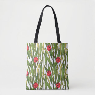 Lieveheersbeestjes: madeliefje achtergrond waterve tote bag