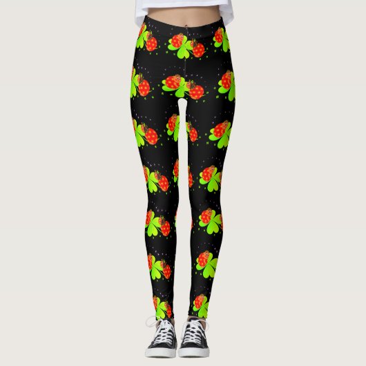 Lieveheersbeestjes op Shamrock Pattern Black Leggi Leggings (Voorkant)