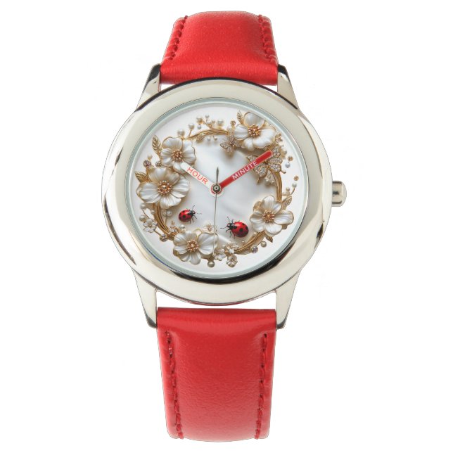 Lieveheersbeestjes Witte Parels Emaille Bloemen Go Horloge (Voorkant)