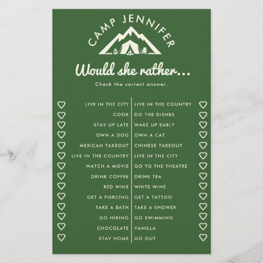 Liever kamperen Bachelorette Party Game Groen Flyer (Voorkant)