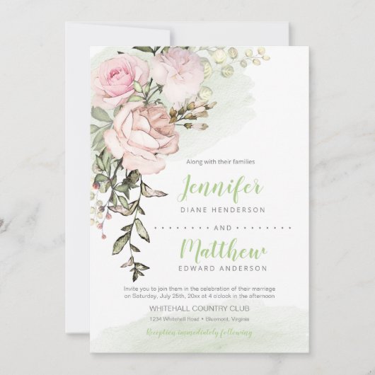 Lieverd Blush Bloemen Drop op Groene Bruiloft Kaart (Voorkant)