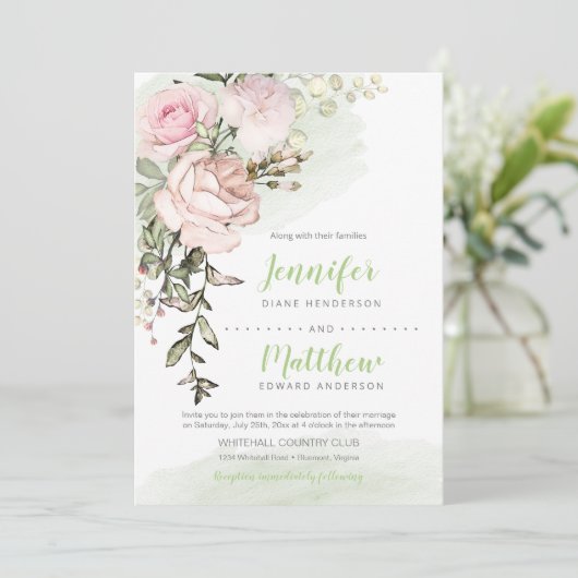 Lieverd Blush Bloemen Drop op Groene Bruiloft Kaart (Staand voorkant)