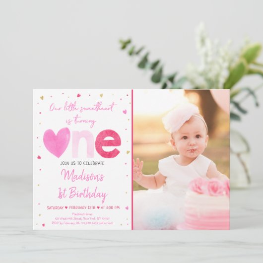 Lieverd roze goudhart eerste verjaardag kaart (Staand voorkant)