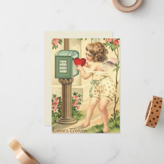Lievevintage valentijn Cupido cherubijn Notitiekaartje (Voorkant / Achterkant in situ)
