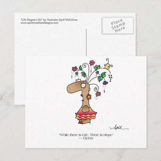 LIFE BEGINT HET LEVEN! Briefkaart van April McCall (Voorkant / Achterkant)