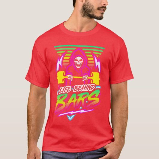 Life Behind Bars Gym Reaper Retro Neon Synthwave f T-shirt (Voorkant)