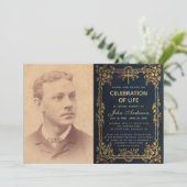Life Celebration Funeral Foto Blauwe Gouden Wijnen Kaart (Staand voorkant)