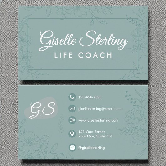 Life Coach Blauwgroen Floral Line Art Script Visitekaartje