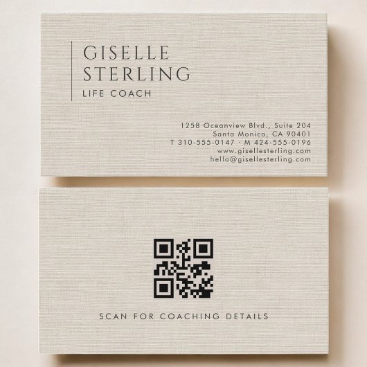 Life Coach Luxury Neutral Linen QR Code Visitekaartje