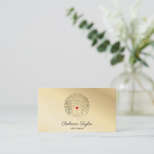 Life Coach Willow Tree of Life Heart Hands Visitekaartje (Staand voorkant)