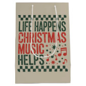 Life Happens Christmas Music Helps Funny Retro  Medium Cadeauzakje (Achterkant)