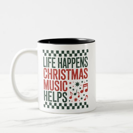 Life Happens Christmas Music Helps Funny Retro Tweekleurige Koffiemok (Links)
