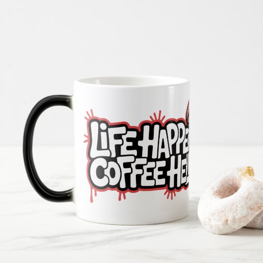 Life Happens Coffee helpt Graffiti-Gezegde Magische Mok (Met donut)