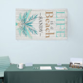 LIFE IS A BEACH Whitewash Wood Blauwgroen palmblad Spandoek (Beurs)