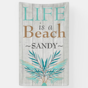 LIFE IS A BEACH Whitewash Wood Blauwgroen palmblad Spandoek