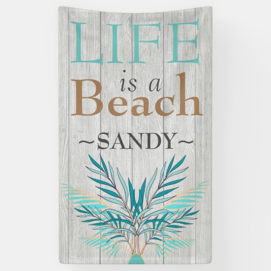LIFE IS A BEACH Whitewash Wood Blauwgroen palmblad Spandoek (Verticaal)