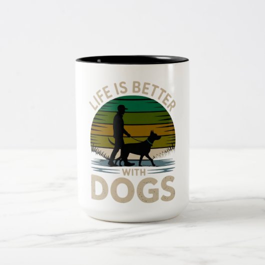 Life Is Better With Dogs Retro Silhouette Coffee M Tweekleurige Koffiemok (Center)