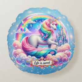 Life Is Sweet Unicorn Rainbow Castle Pillow Gift Rond Kussen