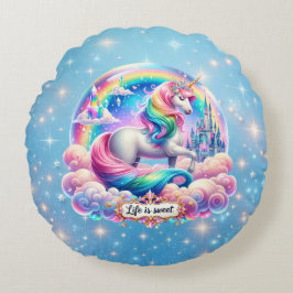 Life Is Sweet Unicorn Rainbow Castle Pillow Gift Rond Kussen