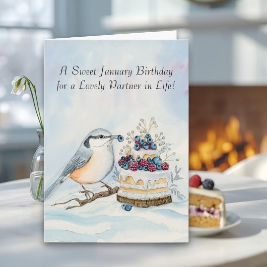 Life Partner Happy January Birthday Nuthatch  Kaart