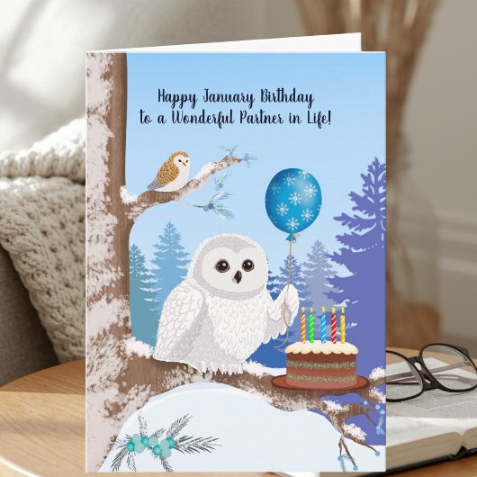 Life Partner Happy January Birthday Snowy Owl Kaart
