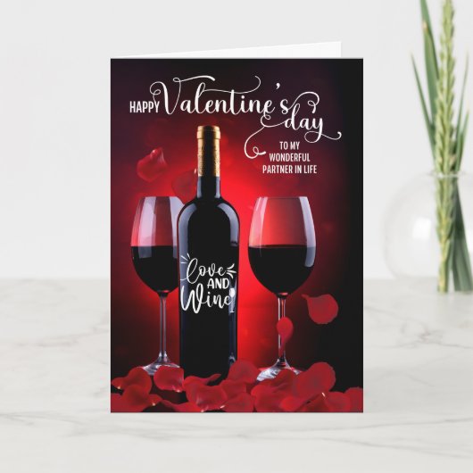 Life Partner Romantic Roos Petals Wine Valentijn Feestdagen Kaart (Voorkant)