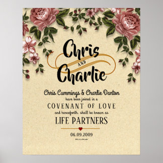 "Life Partners" Modern Floral Wedding Certificate Poster