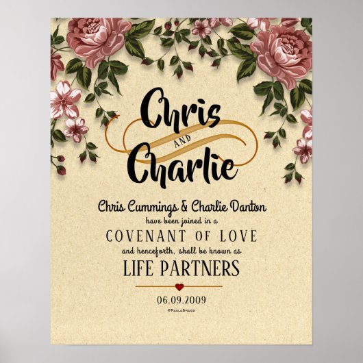 "Life Partners" Modern Floral Wedding Certificate Poster (Voorkant)