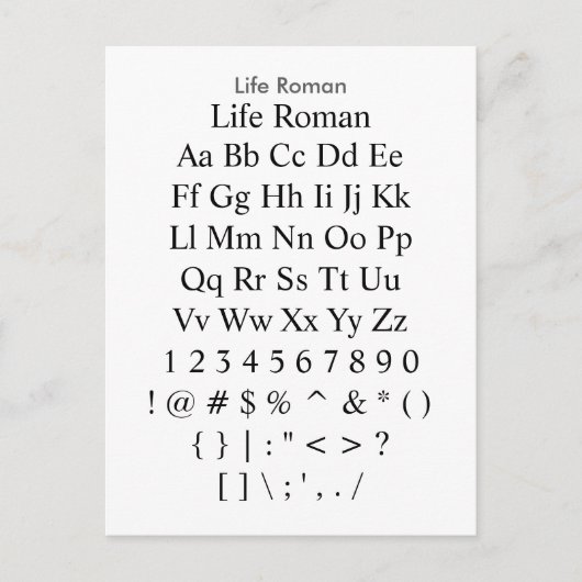 Life Roman - voorbeeldvel voor Zazzle Font Briefkaart (Voorkant)