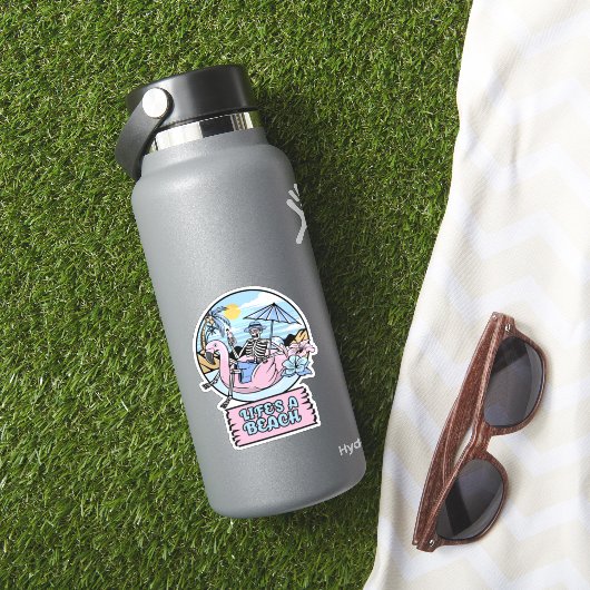Life’s a Beach Skeleton Flamingo Float Sticker (HydroFlask Insitu)
