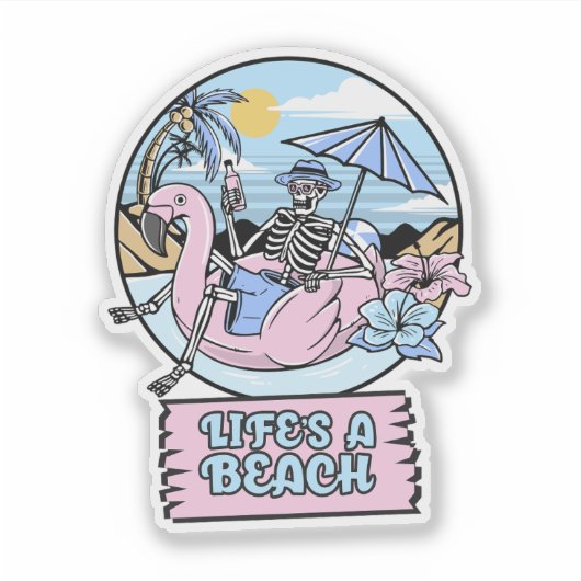 Life’s a Beach Skeleton Flamingo Float Sticker (Voorkant)
