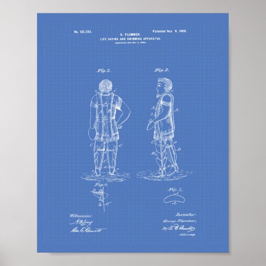 Life Saving Swimming 1900 Patent Art Blueprint Poster (Voorkant)