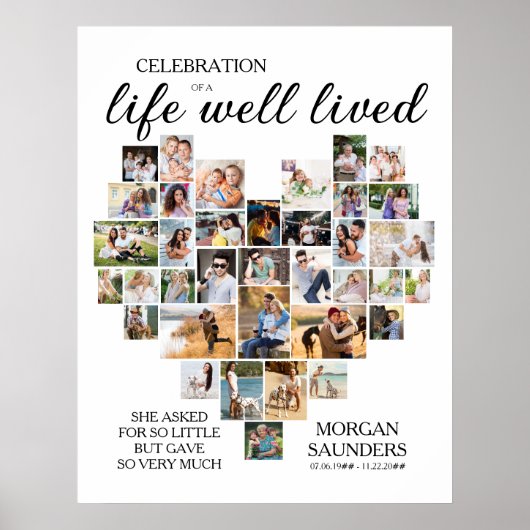 Life Well Lived Heart Shaped Photo Collage Funeral Poster (Voorkant)
