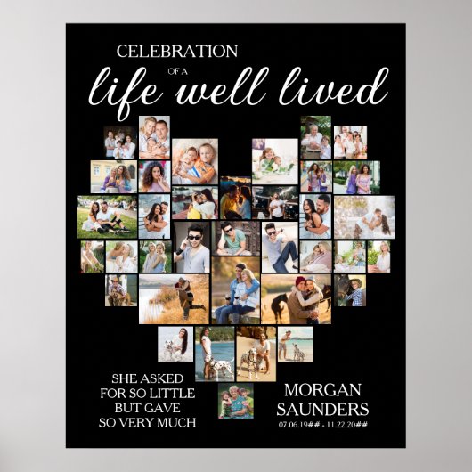 Life Well Lived Heart Shaped Photo Collage Funeral Poster (Voorkant)