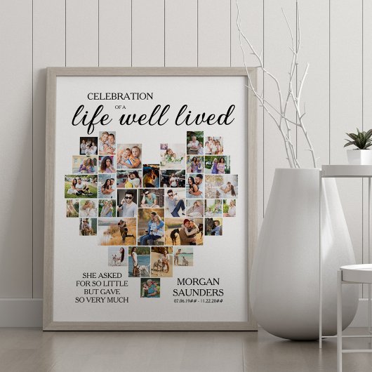 Life Well Lived Heart Shaped Photo Collage Funeral Poster