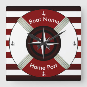 Lifebuoy ~ Life Ring ~ Livesaver ~Maroon Bl & Wh~ Vierkante Klok