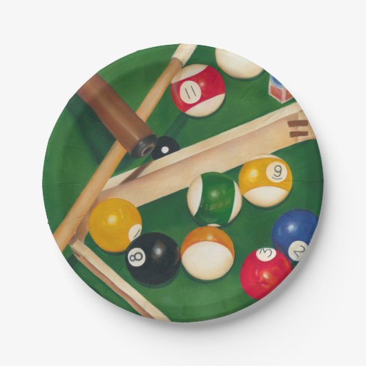 Lifelike Billiards Table met Balls en Chalk Papieren Bordje (Voorkant)