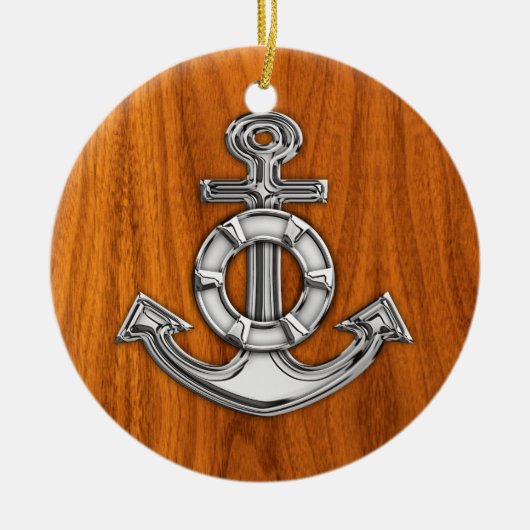 Lifesaver Chrome als Anchor op Teak Veneer Keramisch Ornament (Voorkant)