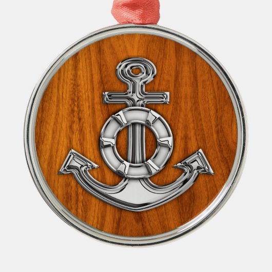 Lifesaver Chrome als Anchor op Teak Veneer Metalen Ornament (Voorkant)