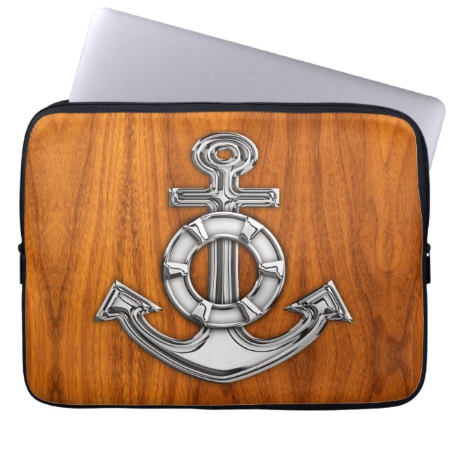 Lifesaver Chrome Anchor op Teak Veneer Styles Laptop Sleeve (Voorkant)
