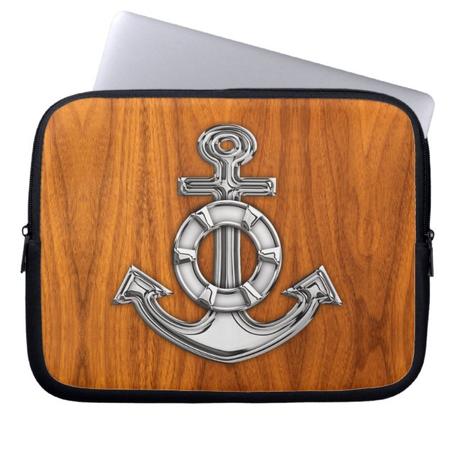 Lifesaver Chrome Anchor op Teak Veneer Styles Laptop Sleeve (Voorkant)