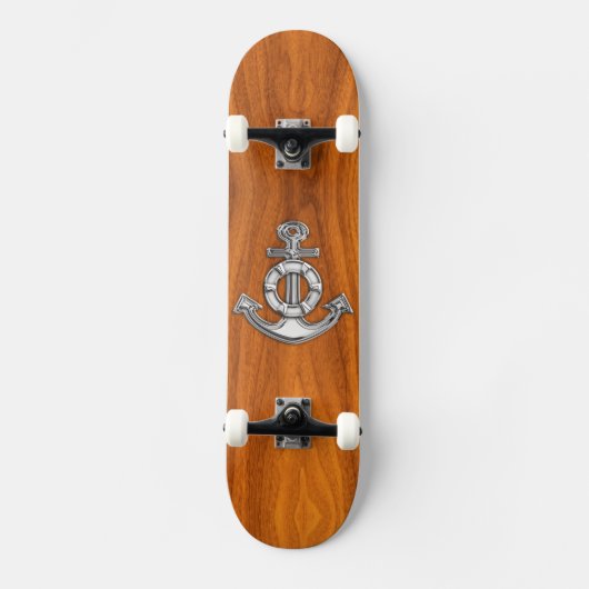 Lifesaver Chrome Anchor op Teak Veneer Styles Persoonlijk Skateboard (Voorkant)