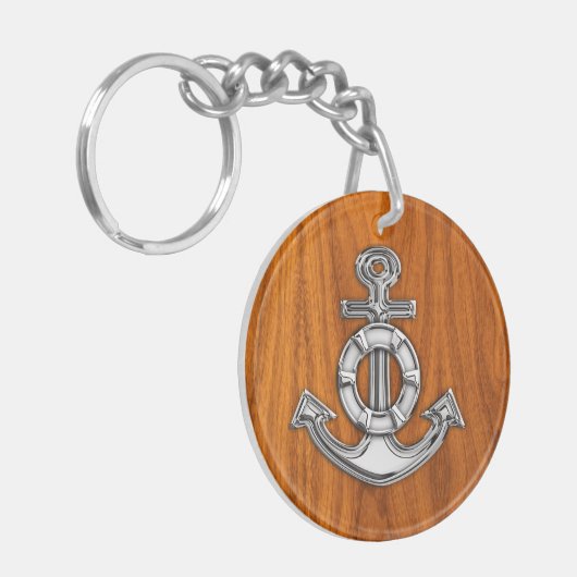 Lifesaver Chrome Anchor op Teak Veneer Styles Sleutelhanger (Voorkant Links)