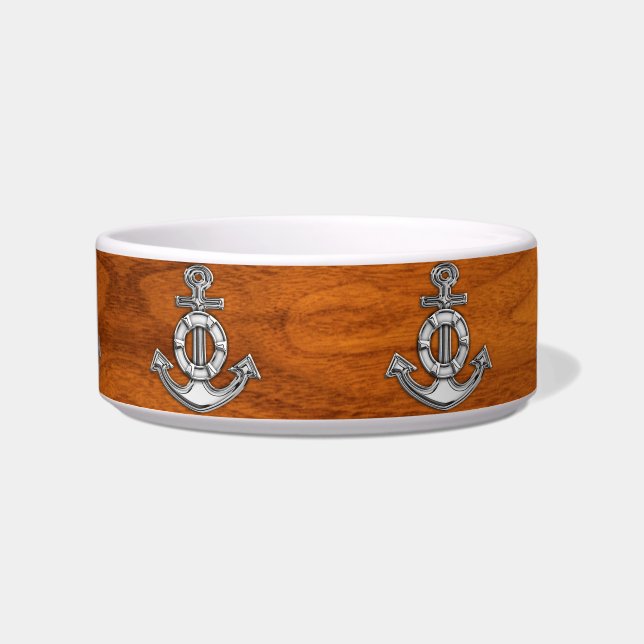 Lifesaver Chrome Anchor op Teak Veneer Styles Voerbakje (Voorkant)