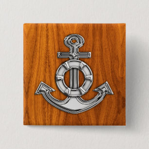 Lifesaver Chrome Style Anchor op Teak Veneer Vierkante Button 5,1 Cm